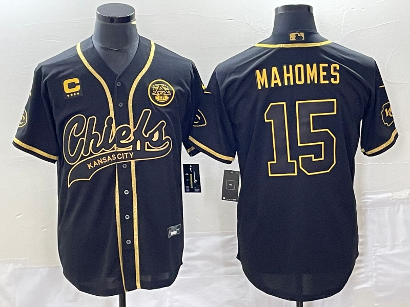 Men??s Kansas City Chiefs #15 Patrick Mahomes Black Gold With 4-star C Patch Cool Bae Stitched Baseball Jersey